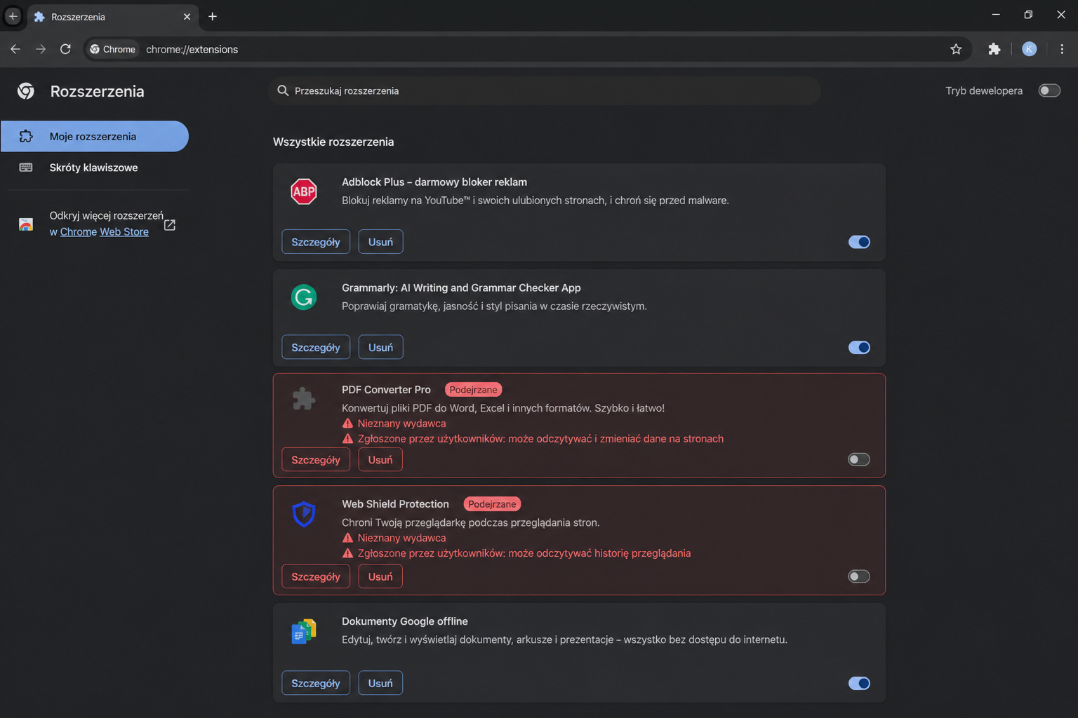 Lista rozszerzeń Chrome z podświetlonymi podejrzanymi pozycjami