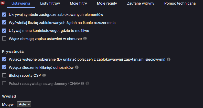 uBlock Origin ustawienia
